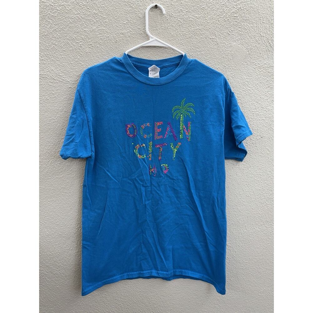 Gildan T-Shirt Size Medium Blue Ocean City Maryland Textured Short Sleeve